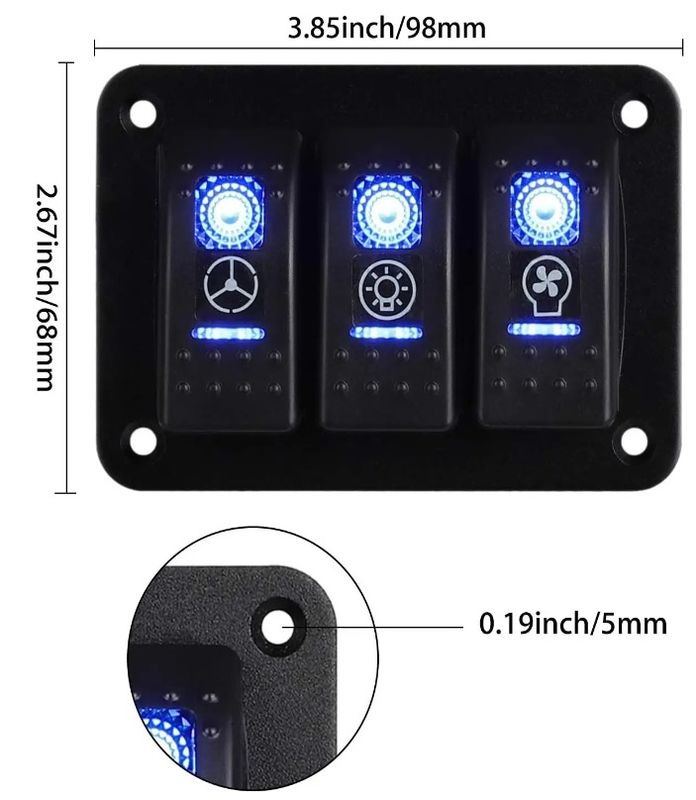 DC 12V 24V Niebieski LED Backlit 3 Gang Aluminium 5 Pin ON Off Panel przełącznika