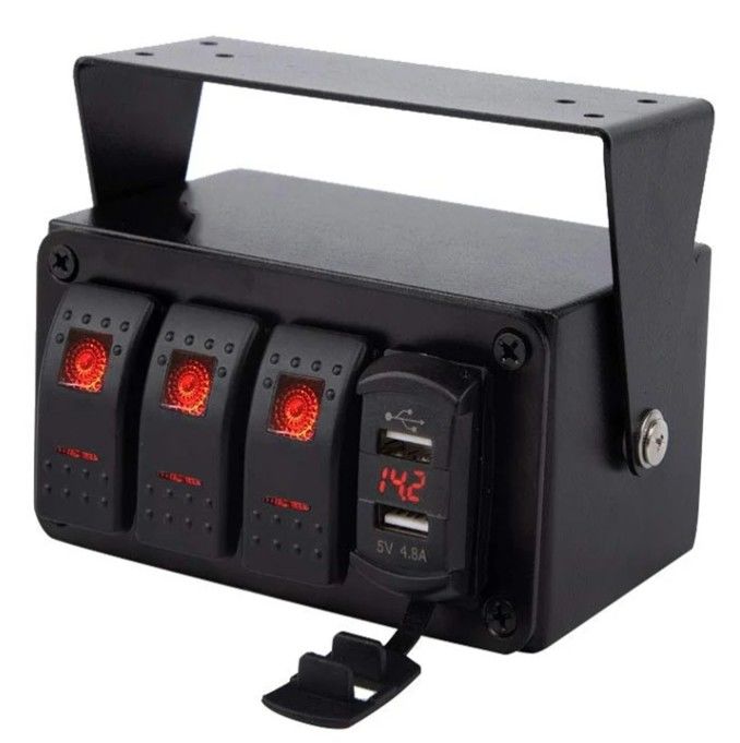 DC12V 24V 3 Gang Red LED Light Rocker Panel Switch Box Z Podwójnym Ładowarką USB 4,8A Voltmeter Do Samochodu Marynarka Ciężarówki Łodzie