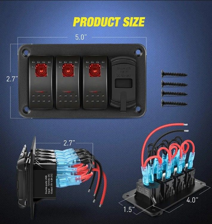 DC12V 24V 3 Gang Red LED Light Rocker Panel Switch Box Z Podwójnym Ładowarką USB 4,8A Voltmeter Do Samochodu Marynarka Ciężarówki Łodzie