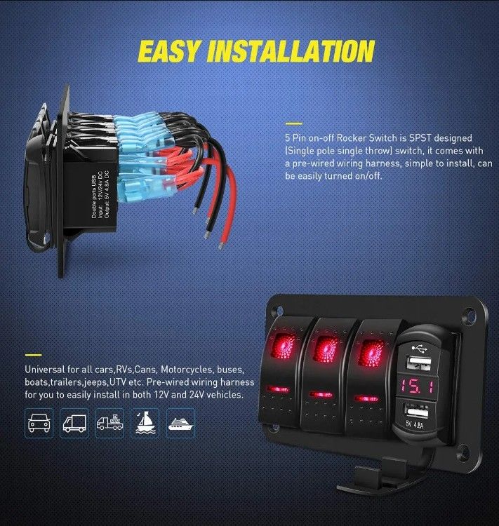 DC12V 24V 3 Gang Red LED Light Rocker Panel Switch Box Z Podwójnym Ładowarką USB 4,8A Voltmeter Do Samochodu Marynarka Ciężarówki Łodzie