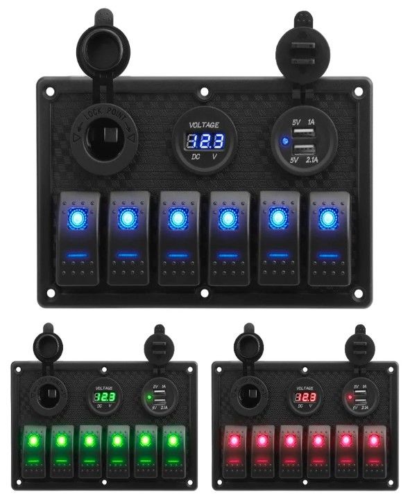 Wodoszczelny panel przełącznika dla łodzi morskich 6 Gang z podwójnym gniazdem USB 3.1A Volt Meter Niebieskie światło LED