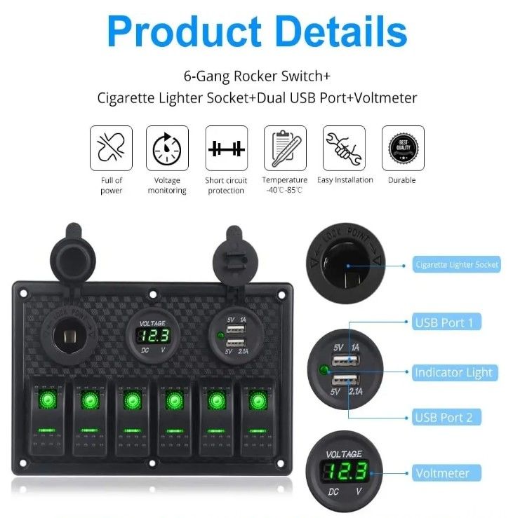 Wodoszczelny panel przełącznika dla łodzi morskich 6 Gang z podwójnym gniazdem USB 3.1A Volt Meter Niebieskie światło LED