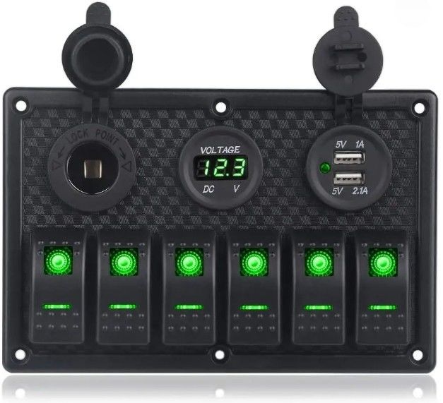 Wodoszczelny panel przełącznika dla łodzi morskich 6 Gang z podwójnym gniazdem USB 3.1A Volt Meter Niebieskie światło LED