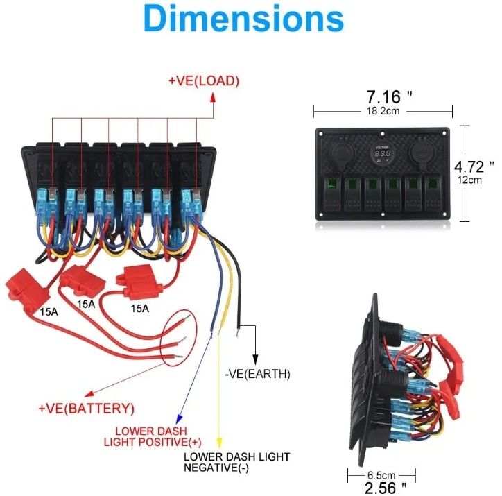 Wodoszczelny panel przełącznika dla łodzi morskich 6 Gang z podwójnym gniazdem USB 3.1A Volt Meter Niebieskie światło LED