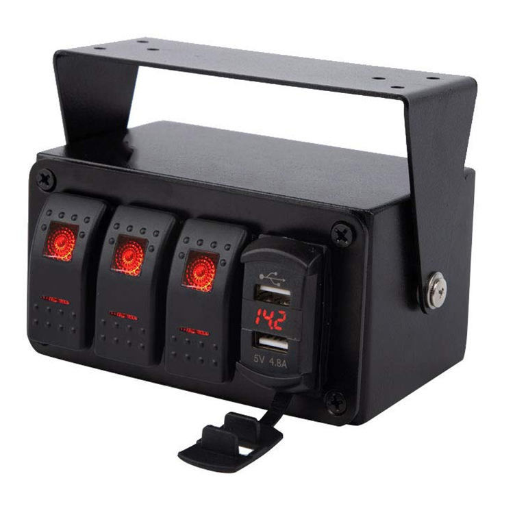 DC12V 24V 3 Gang Red LED Light Rocker Panel Switch Box z podwójnym ładowarką USB 4.8A