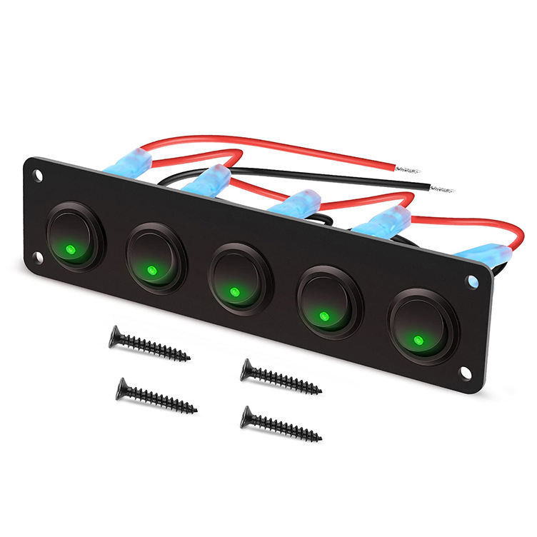5 Gang Rocker Przełącznik Panel 20A 3 Pin On Off 12V Zielony Przełącznik Przełącznik dla samochodów Ciężarówki Łodzie